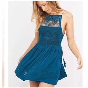 FREE‎ PEOPLE Womens Lace Teal Blue Emily Mini Dress Large Beachy Boho Festival